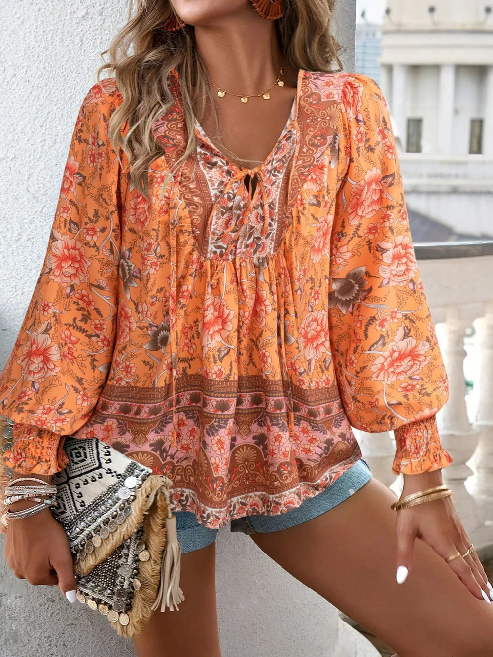Floral Print Tie Neck Bohemian Blouse, image 12