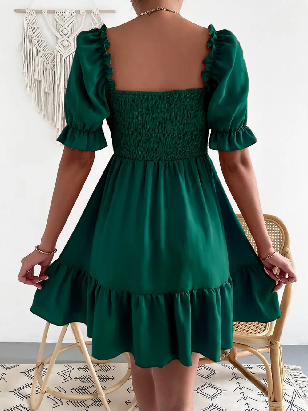 Smocked Square Neck Short Sleeve Dress, image 3