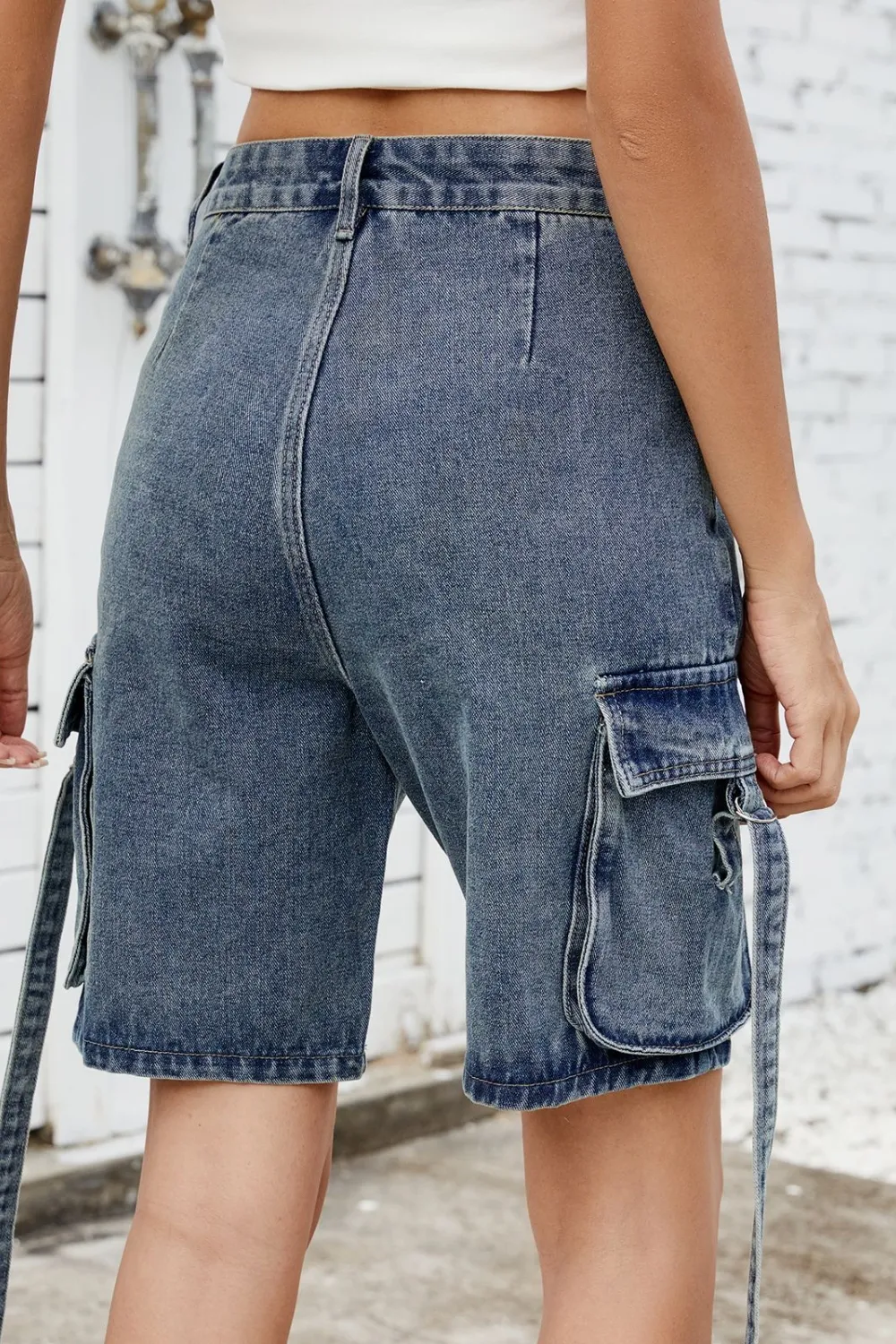 Washed Cargo Denim Shorts, image 12