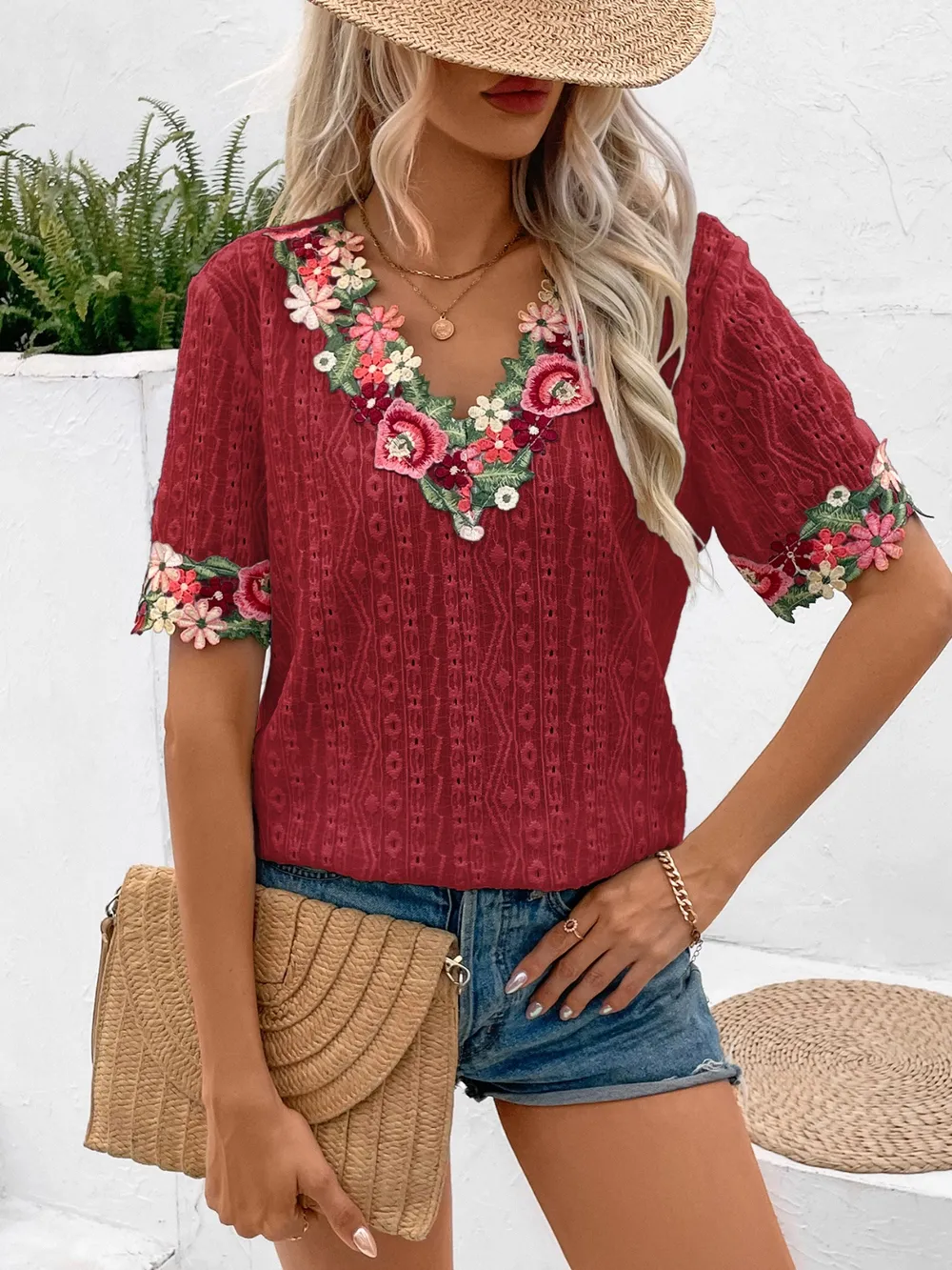 Eyelet Embroidered V-Neck Short Sleeve Blouse, image 8