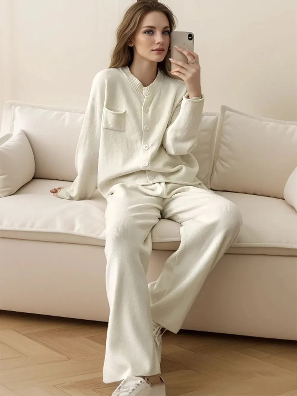 Pocketed Round Neck Button Up Cardigan and Pants Sweater Set, image 2
