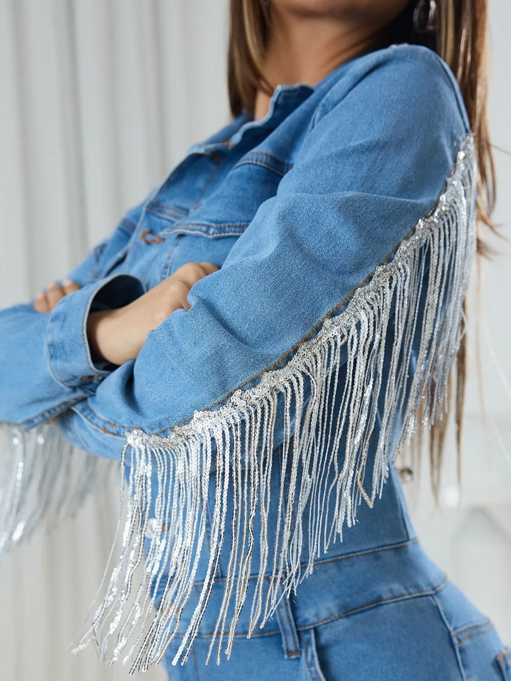 Fringe Half Button Long Sleeve Denim Jumpsuit, image 2