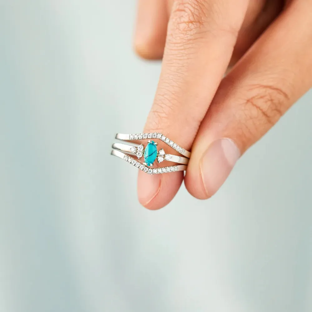 Artificial Turquoise V Shape Inlaid Zircon Ring, image 4