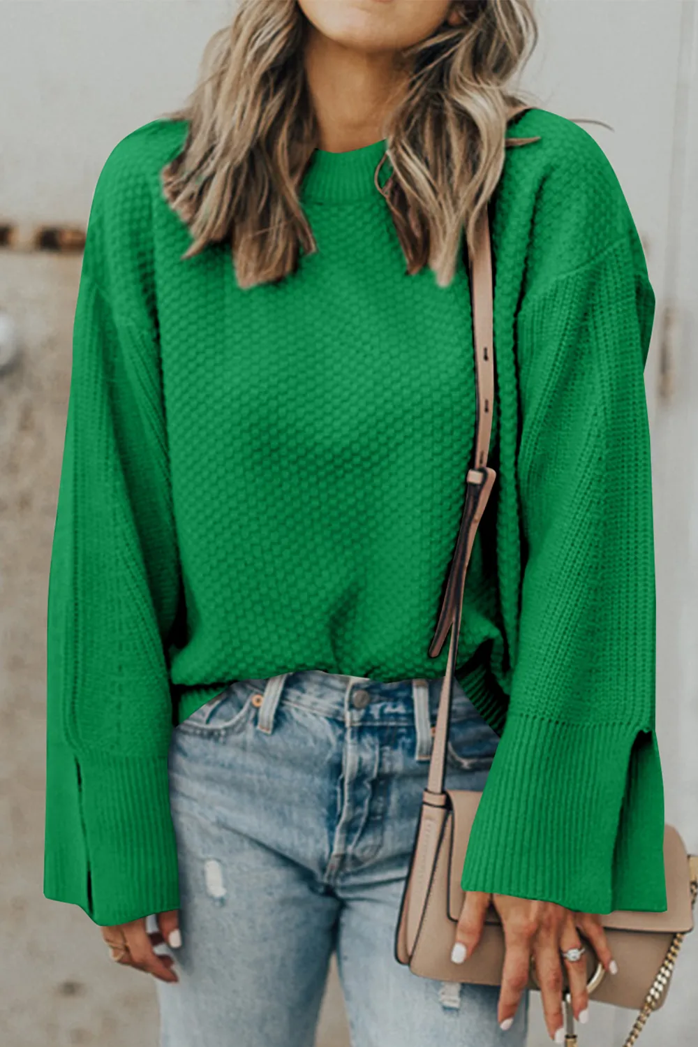 Textured Round Neck Long Sleeve Sweater, image 9