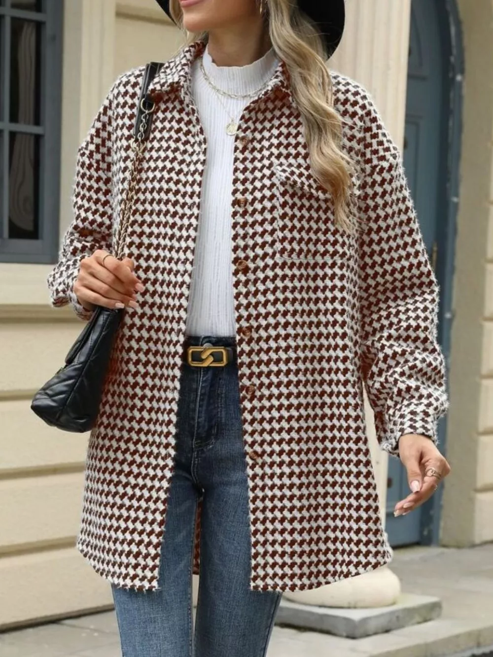 Houndstooth Button Up Long Sleeve Coat, image 18