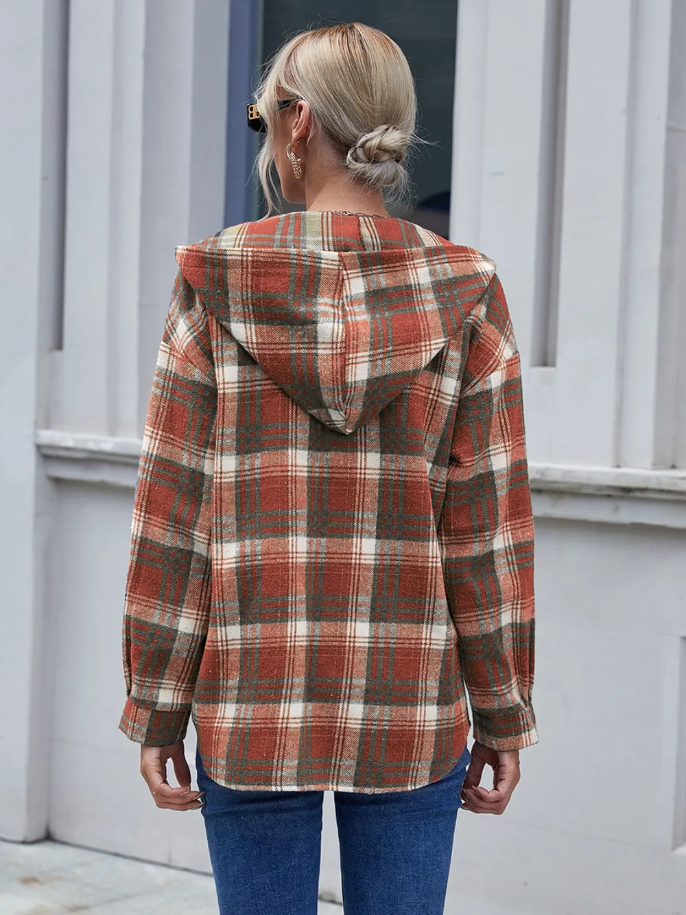 Plaid Button Up Long Sleeve Hooded Jacket, image 8