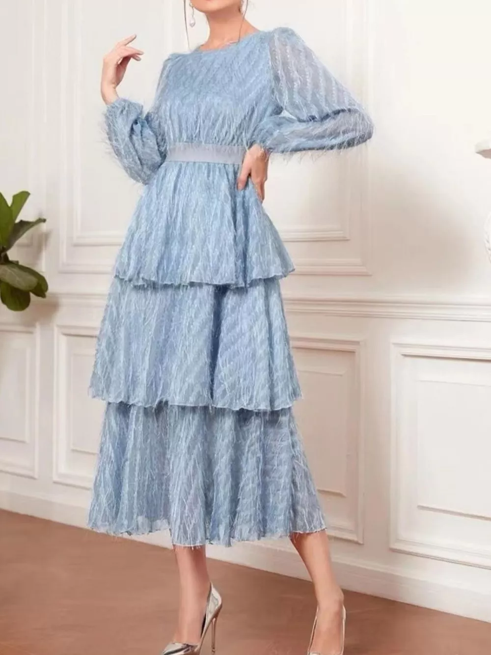 Full Size Layered Balloon Sleeve Midi Dress Plus Size, image 3