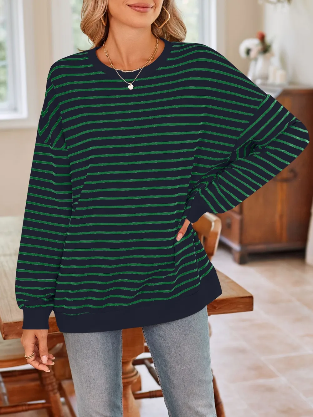 Striped Round Neck Long Sleeve Sweatshirt, image 31