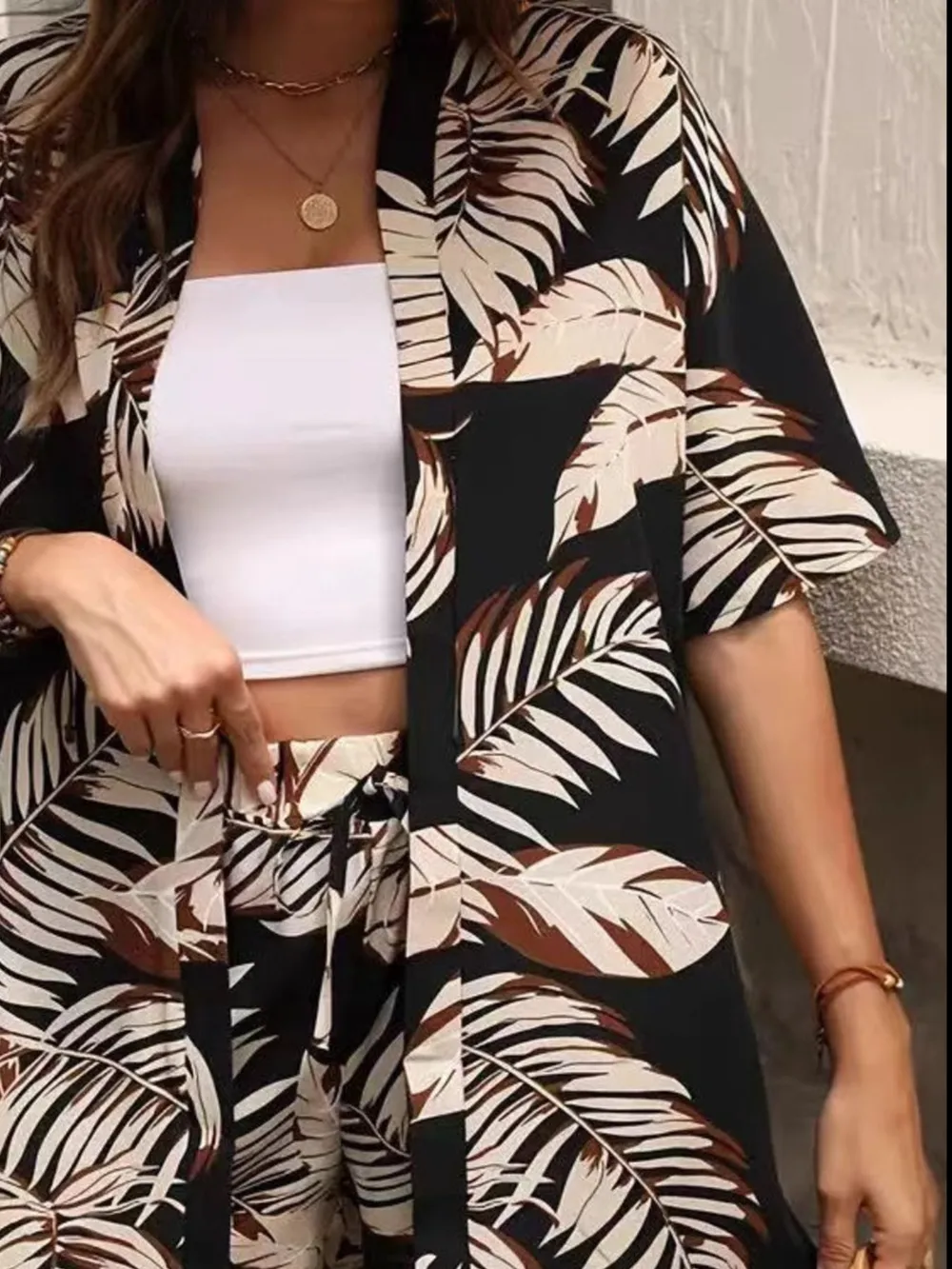 Printed Open Front Cardigan and Shorts Set, image 6