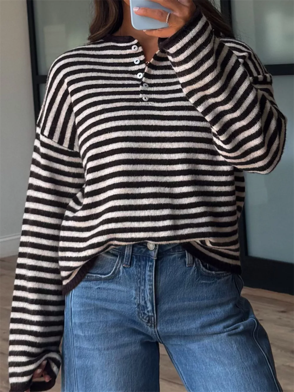 Button Detail Dropped Shoulder Striped Sweater
