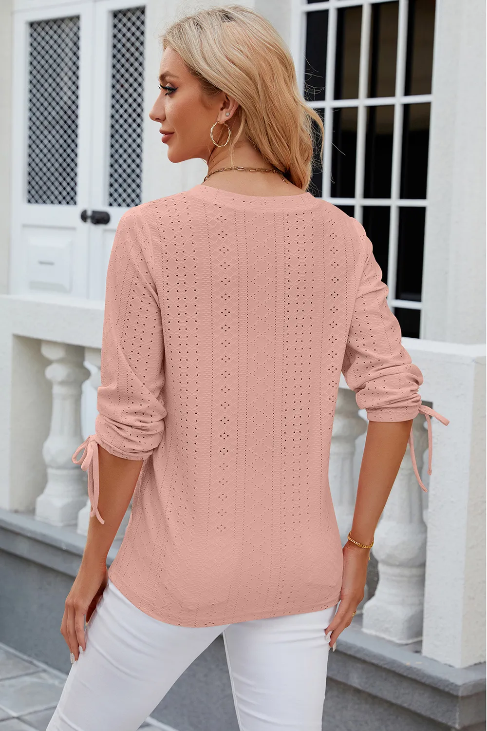 Eyelet Drawstring V-Neck Half Sleeve T-Shirt, image 12