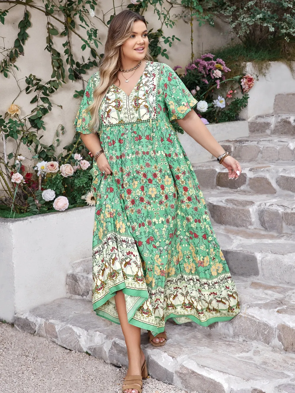 Plus Size Floral Tie Neck Flutter Sleeve Maxi Dress, image 7