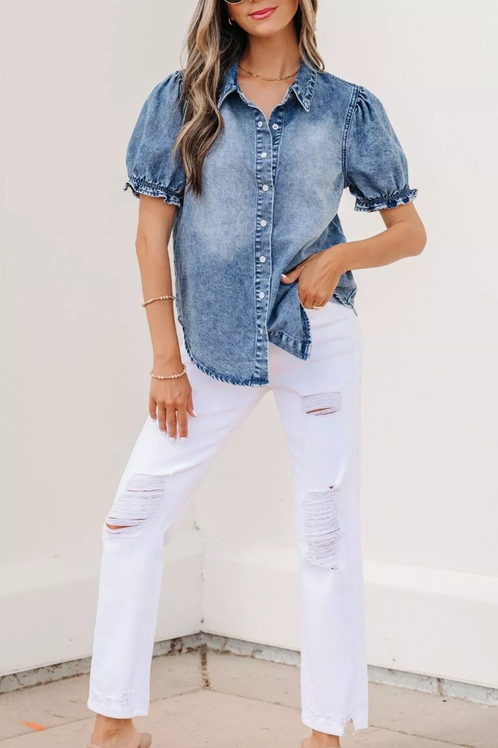 Frilled Short Sleeve Snap Button Denim Shirt, image 3