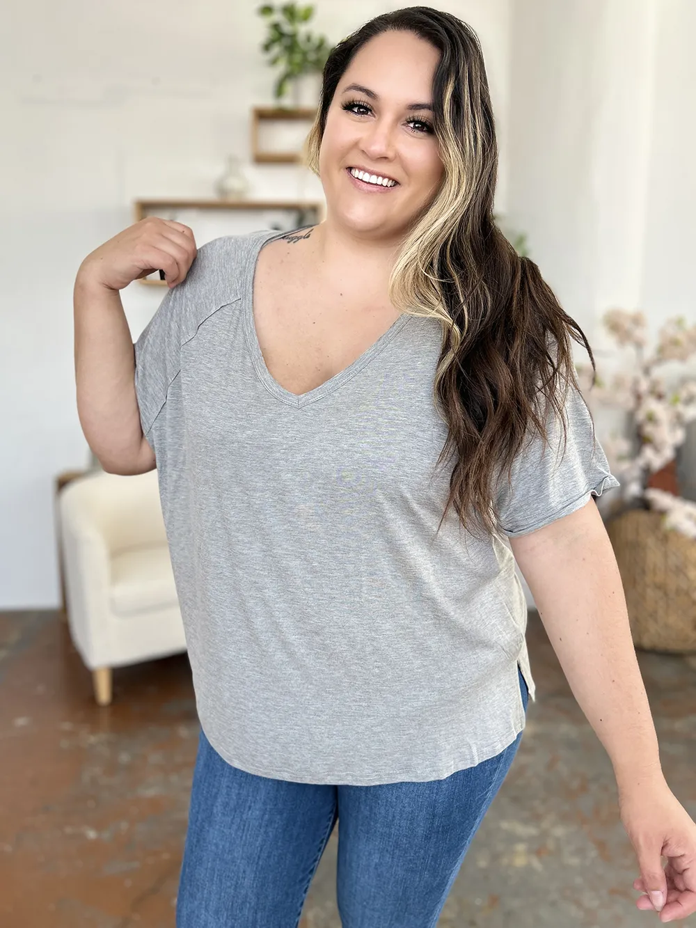 Full Size Bamboo Slit V-Neck Short Sleeve T-Shirt, image 18
