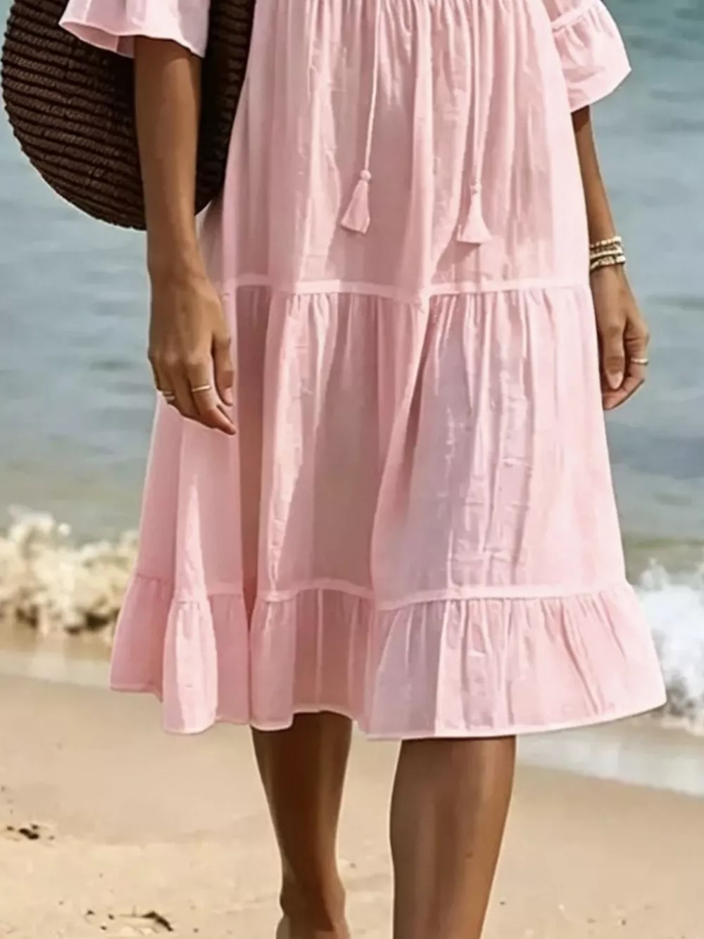 Full Size Tiered Tie Neck Flounce Sleeve Dress Plus Size, image 9