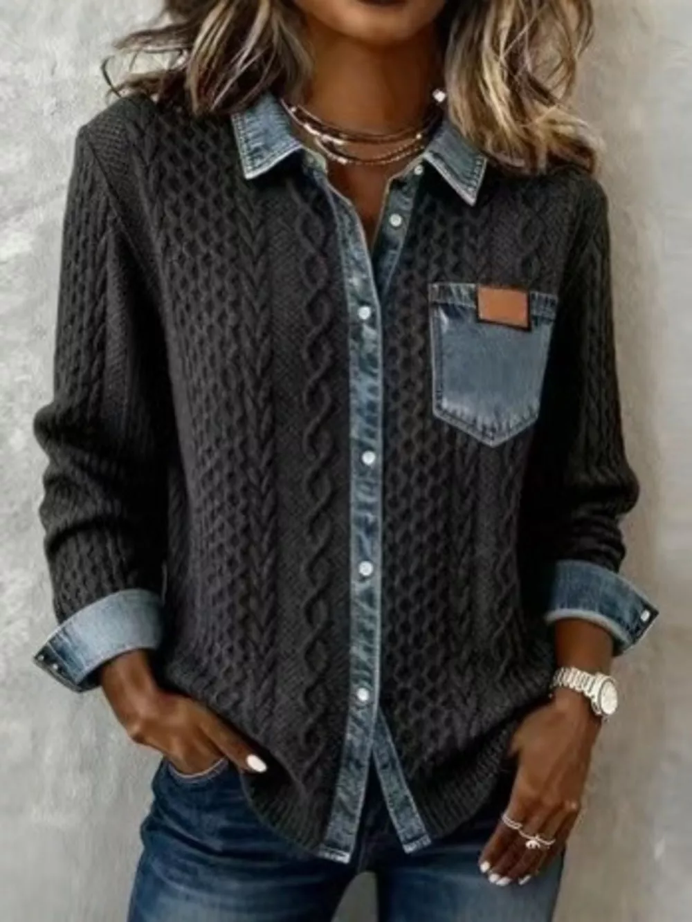 Denim Trim Cable Knit Cardigan, image 7