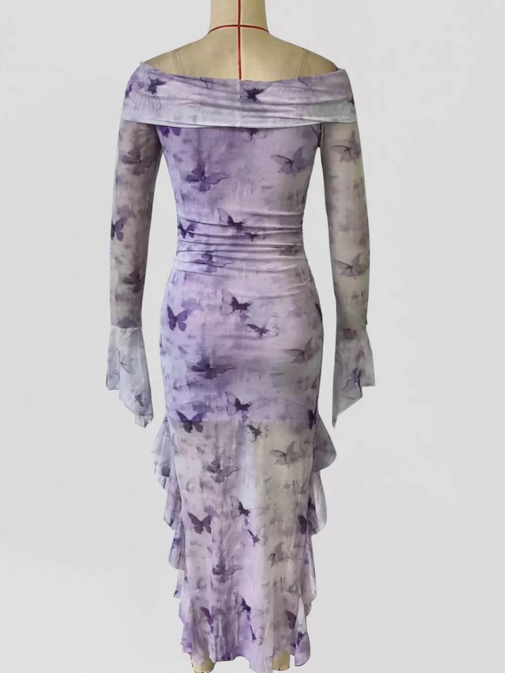 Butterfly Print Off-Shoulder Mesh Mermaid Dress, image 5
