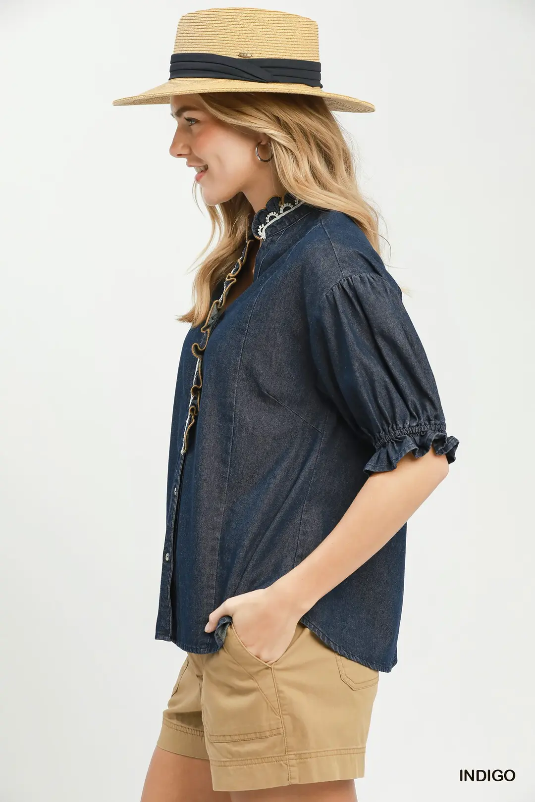 Chambray Scalloped Trim Button Front Blouse, image 2