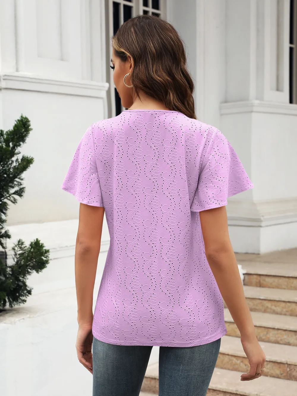 Eyelet V-Neck Short Sleeve Blouse, image 8