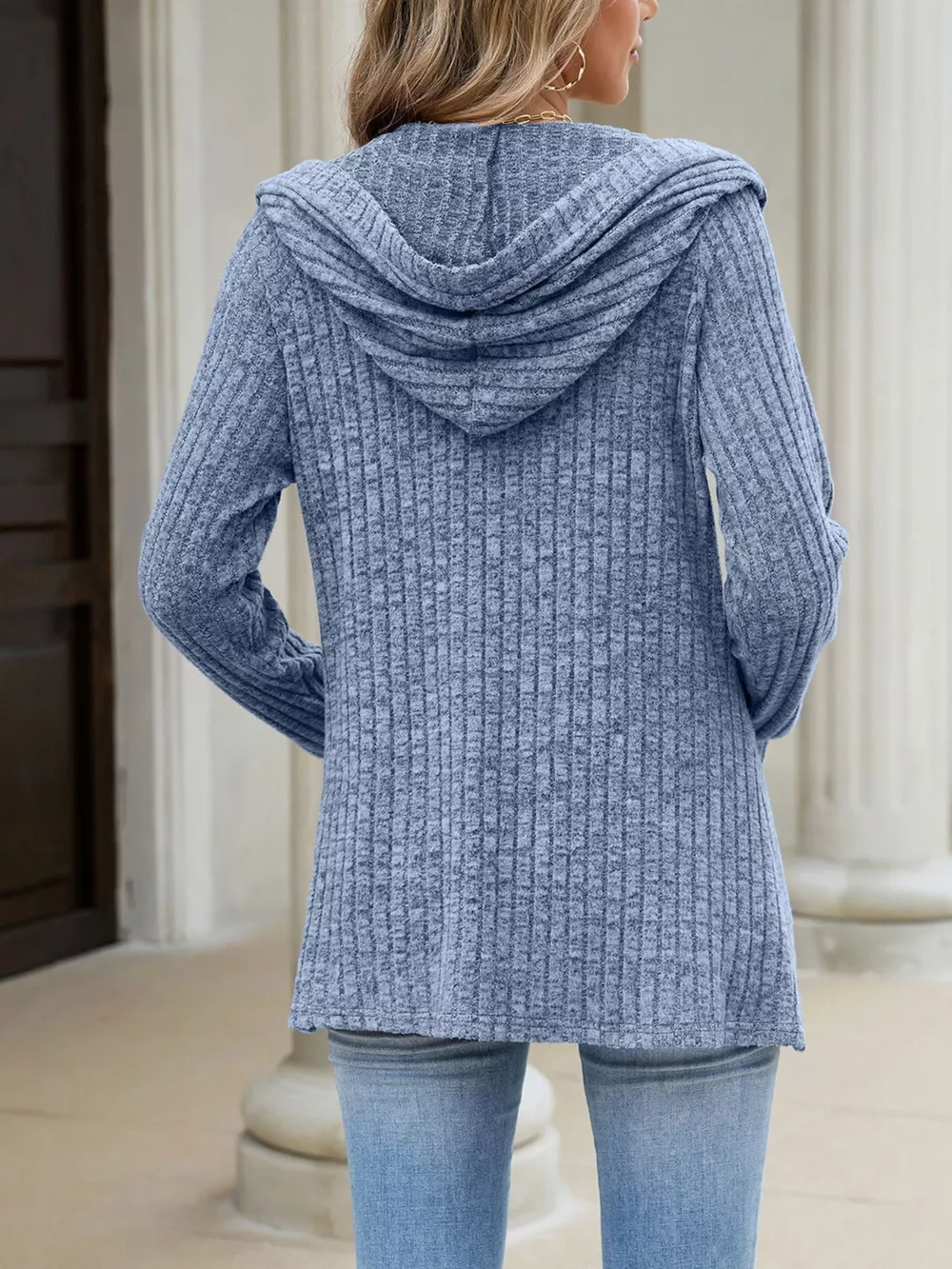 Ribbed Knit Hooded Button-Down Cardigan, image 27