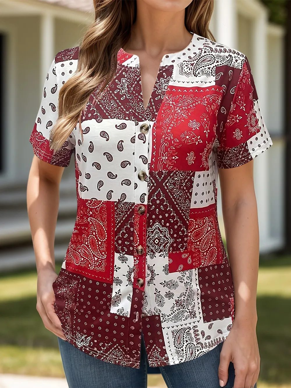 Printed Notched Short Sleeve Blouse, image 2