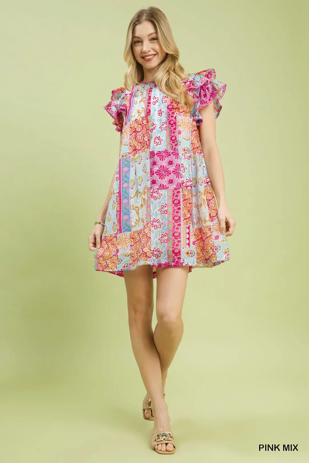Mix Patchwork Flutter Sleeve Mini Dress, image 4