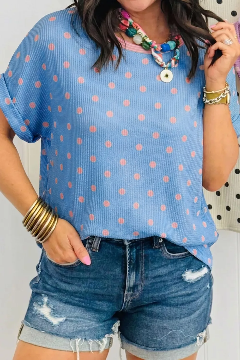 Casual Polka Dot Print Ribbed Knit T-Shirt, image 3