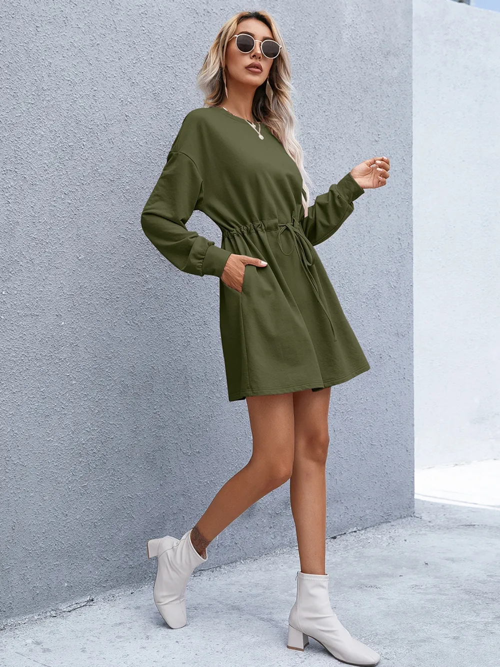 Drawstring Round Neck Dropped Shoulder Mini Dress, image 14