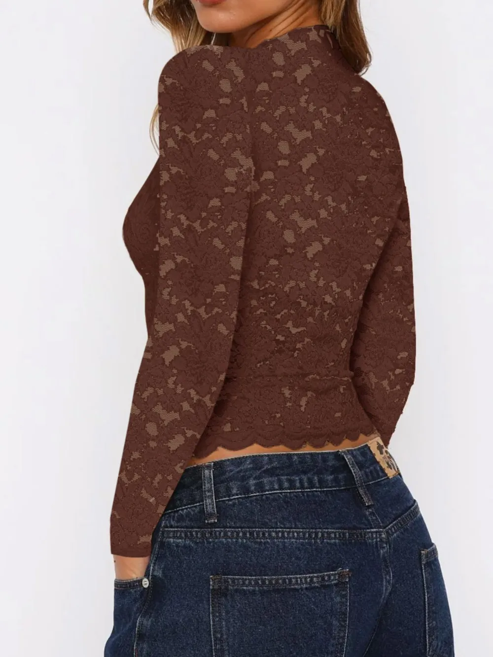 Floral Lace Long Sleeve Deep V-Neck Blouse with Scalloped Hem, image 12