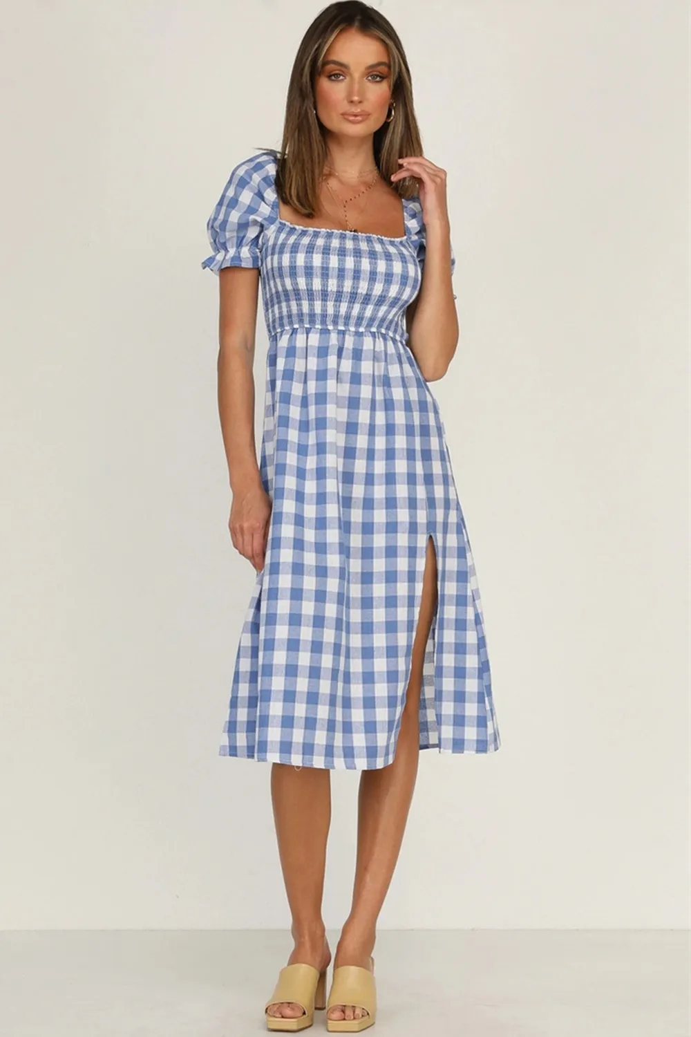 Full Size Slit Plaid Short Sleeve Midi Dress, image 14