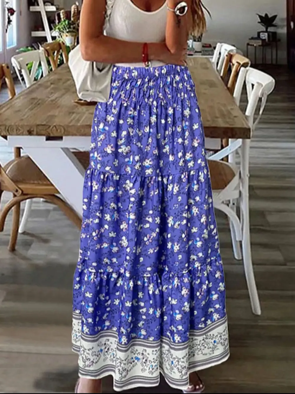 Full Size Tiered Printed Elastic Waist Skirt, image 7