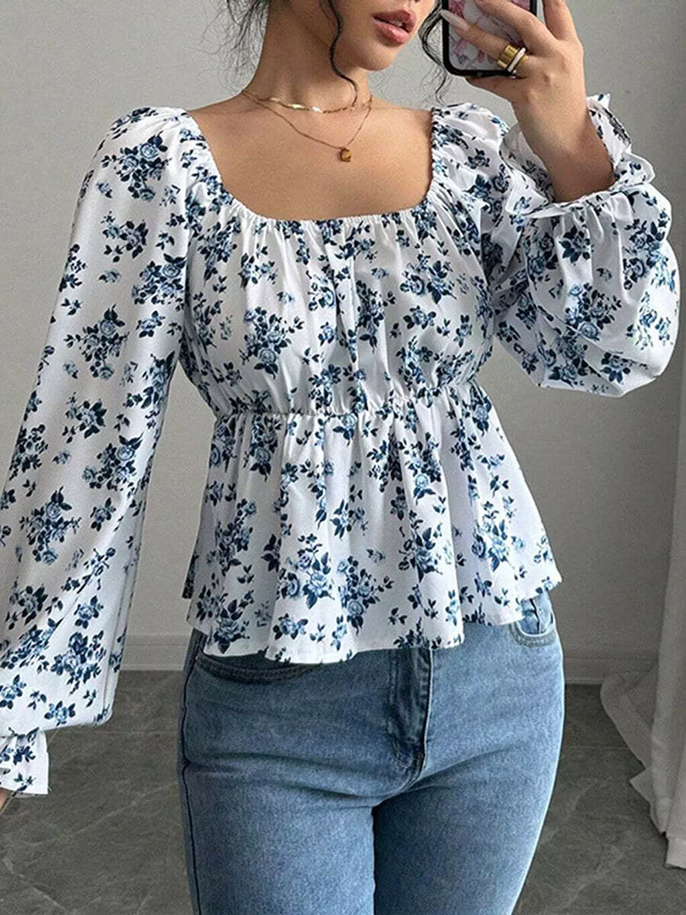 Floral Print Square Neck Peplum Blouse, image 3