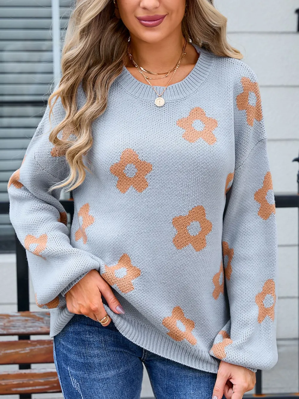 Flower Round Neck Dropped Shoulder Sweater, image 7