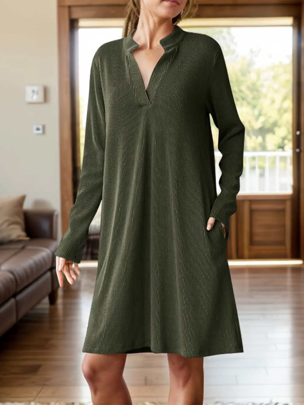 Notched Long Sleeve Mini Dress with Pockets, image 11