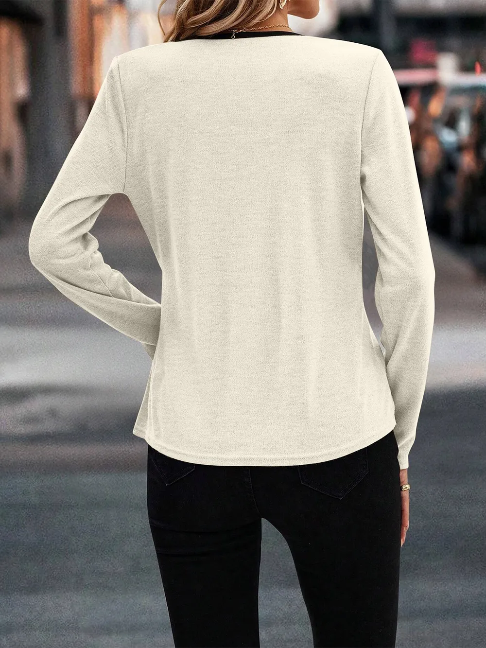 Full Size Crisscross Contrast Trim Long Sleeve T-Shirt, image 6
