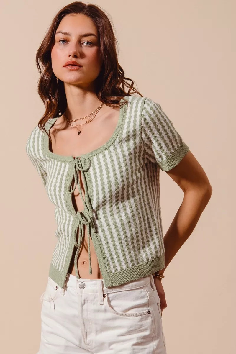 Tie Front Textured Vertical Stripe Knit Cardigan, image 4