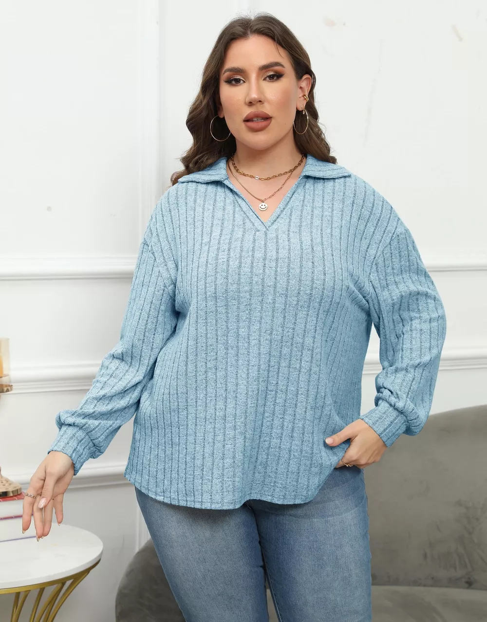 Plus Size Ribbed Knit Polo Collar T-Shirt, image 14