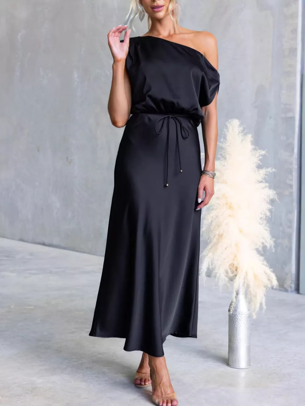 One-Shoulder Tied Midi Dress