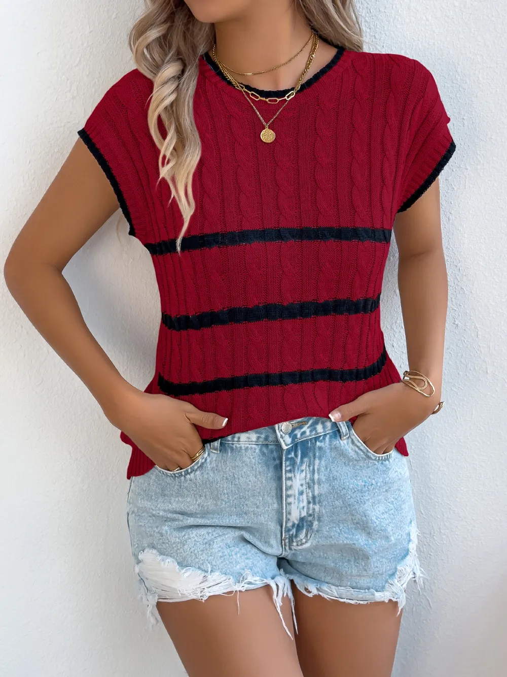 Cable-Knit Striped Round Neck Knit Top