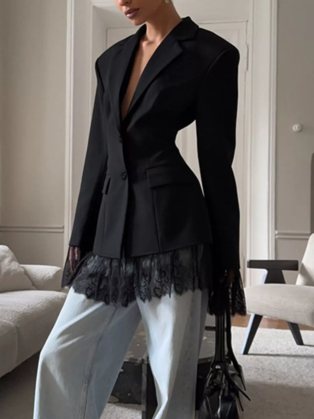 Lace Hem Lapel Collar Blazer, image 8