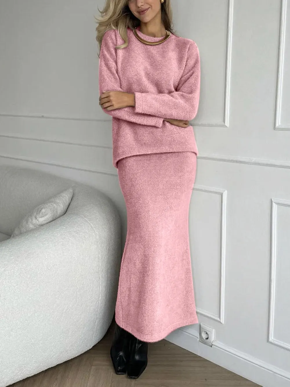 Round Neck Dropped Shoulder Top and Midi Skirt Sweater Set, image 12
