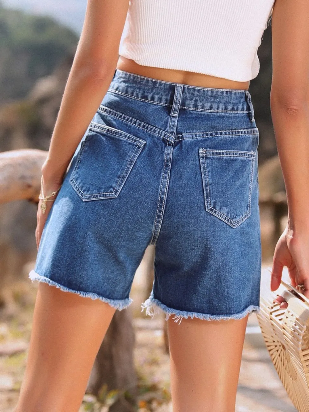 Raw Hem High Waist Denim Shorts, image 5