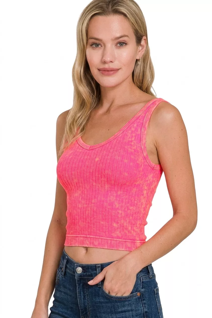 Washed Ribbed Seamless Cropped V-neck Tank Top, image 2