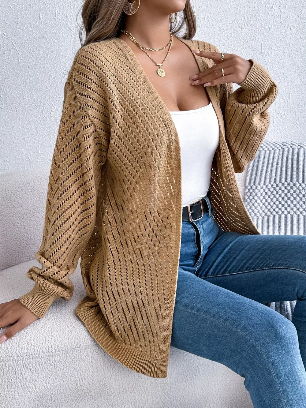 Openwork Open-Front Long Sleeve Cardigan, image 18