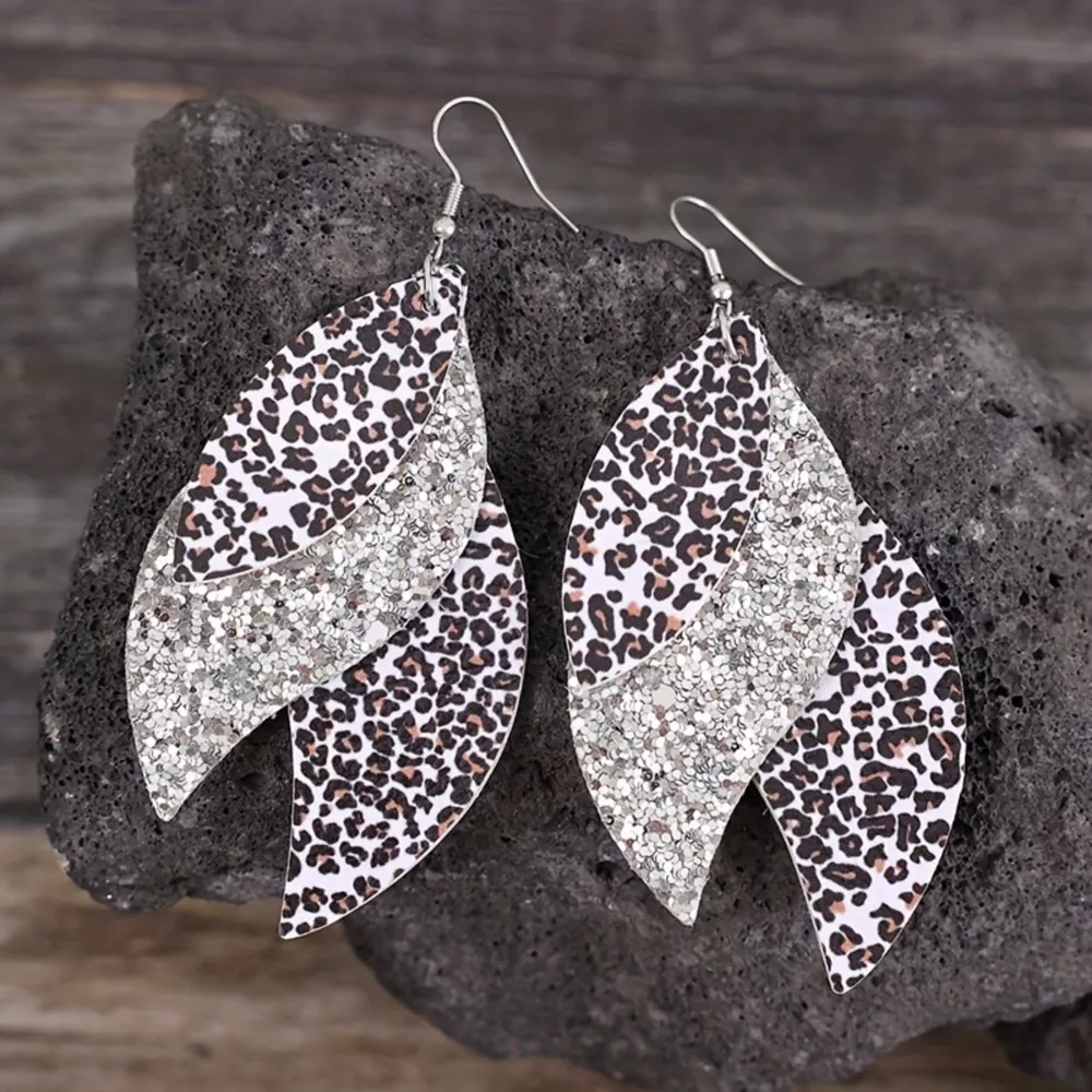 Leopard Print Leather Leaf Drop Earrings, image 4