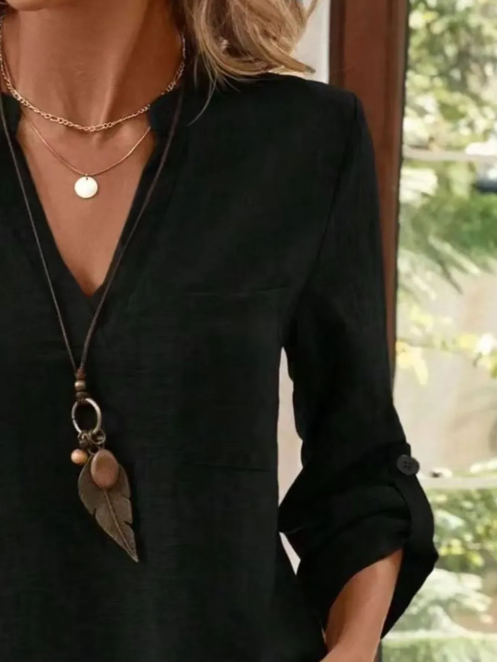 Casual Notched Roll-Up Sleeve Pocket Blouse, image 9