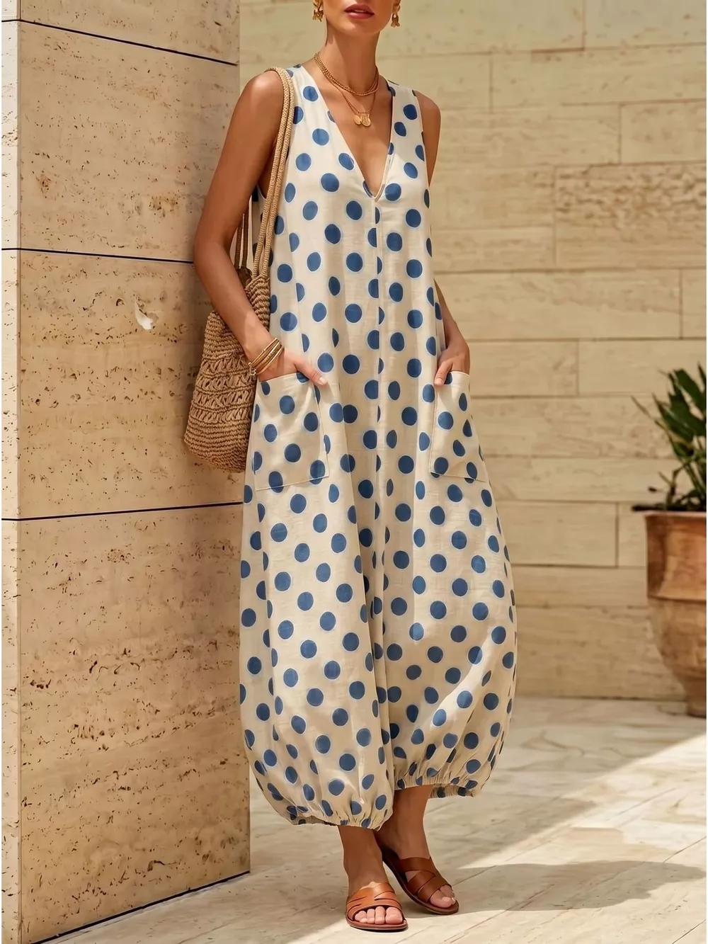 Polka Dot V-Neck Sleeveless Maxi Dress, image 2