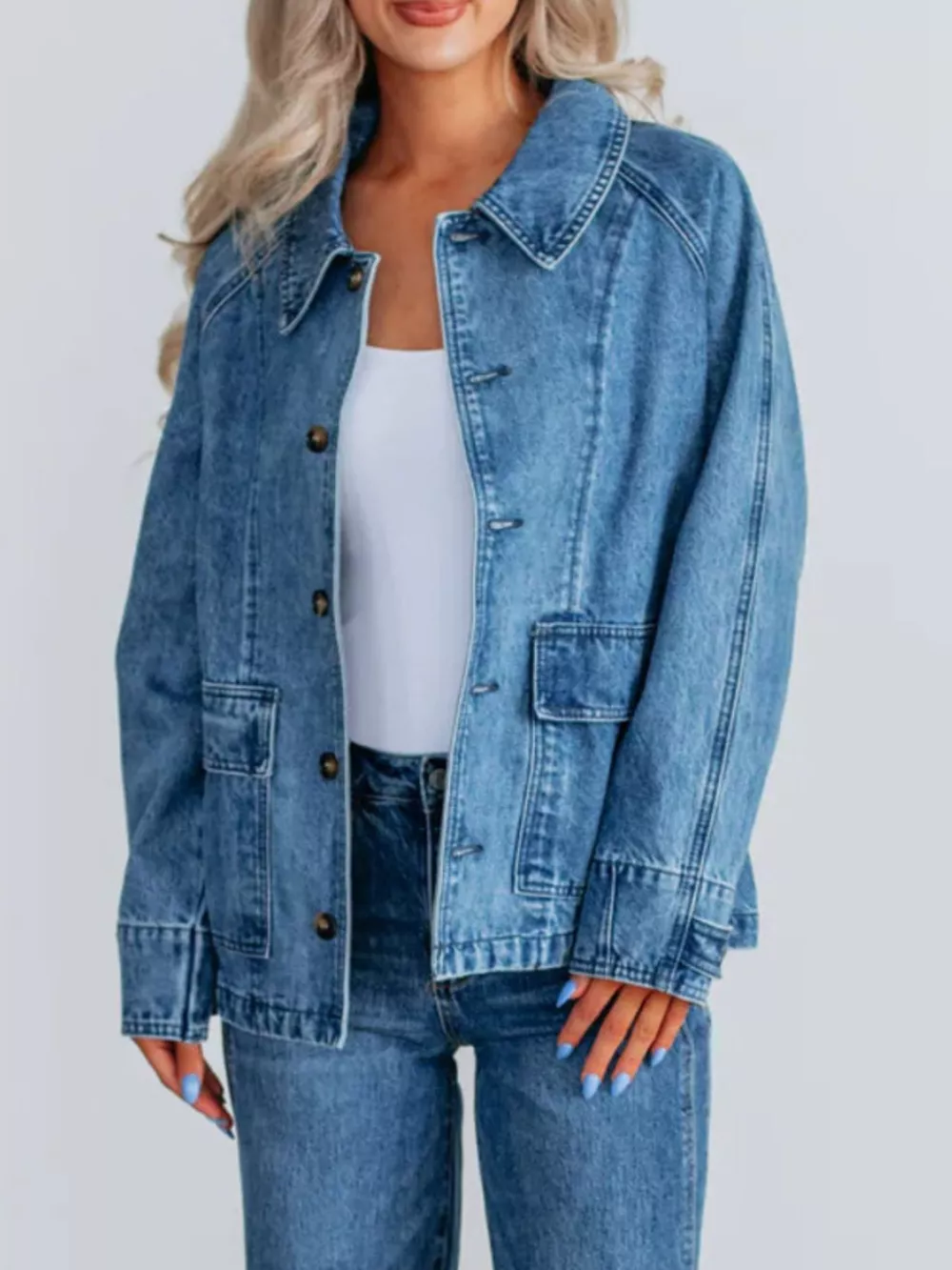 Button Up Raglan Sleeve Denim Jacket, image 5