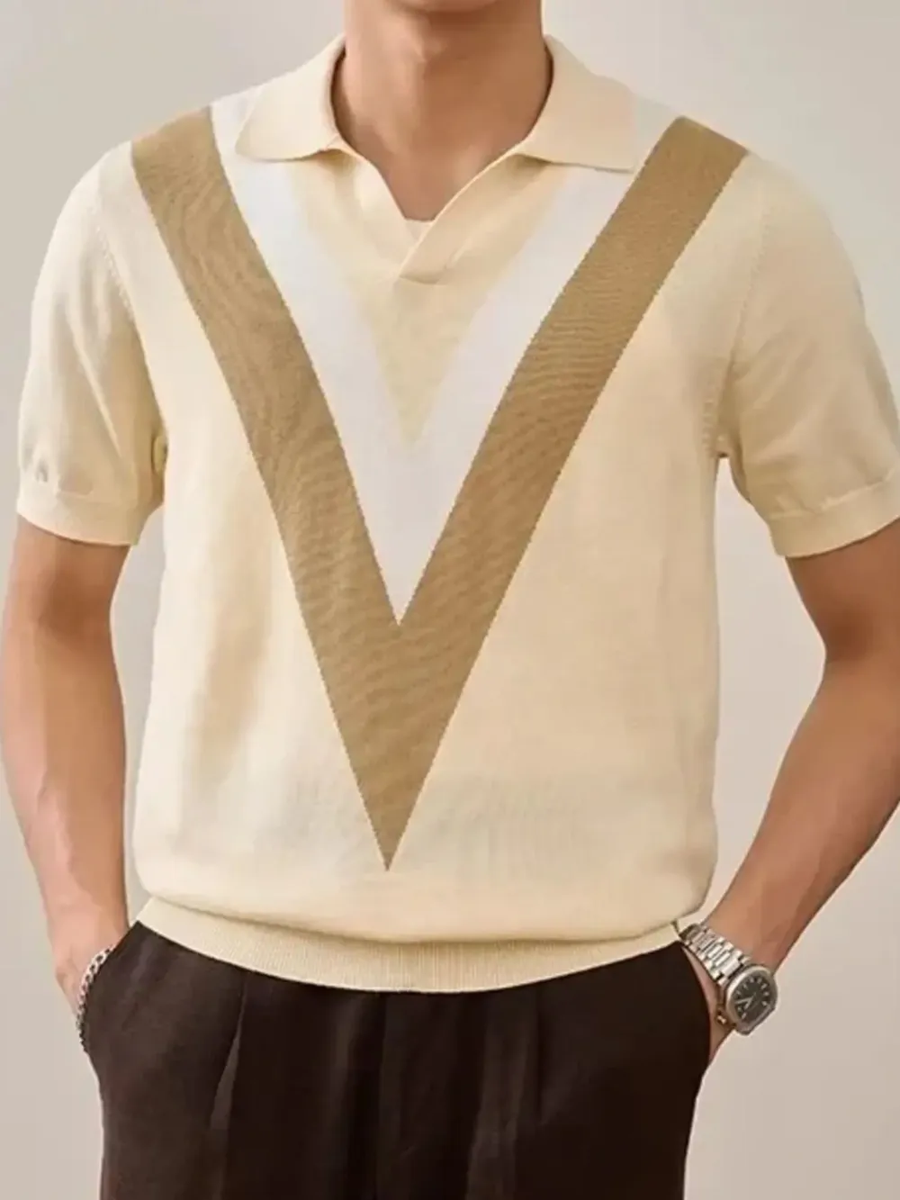 Men's Plus Size V-Pattern Contrast Knit Polo Shirt