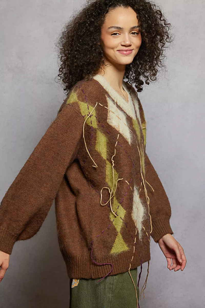 V-Neck Argyle Pattern Mohair Sweater with Contrast Exposed Stitch Detail, image 11